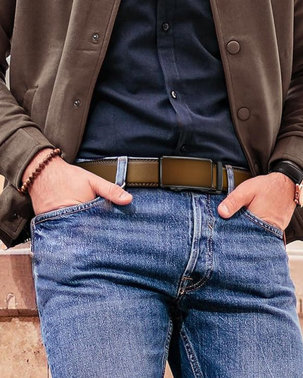 KEMISANT Men Belt 2 Pack, Leather Ratchet Belt Easy Click Slide For Men 1 3/8",Cut for Fit