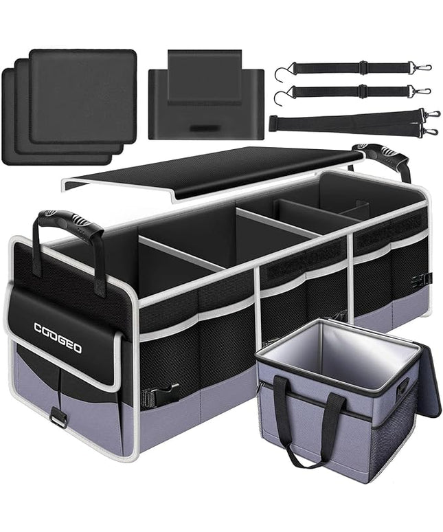 Car Trunk Organizer with Portable Leak Proof Cooler Bag, 3 Compartments Collapsible Car Organizers and Storage with Foldable Cover, Christmas Gifts, Suitable for SUV, Auto, Truck, Minivan