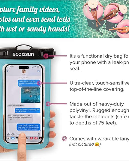 Eco Sun Waterproof Phone Pouch (2-Pack) — Designed in Hawaii — Case Fits All iPhones (incl. 16 Pro Max), Samsung Galaxy S24 Ultra & More Black/Blue