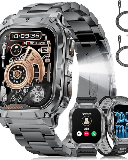 Military Smart Watch for Men(3 Bands),1000mAh/2 HD Large Screen Smartwatch, Flashlight/110+ Sports Modes, Fitness Tracker Watch for Android iOS,Light Black