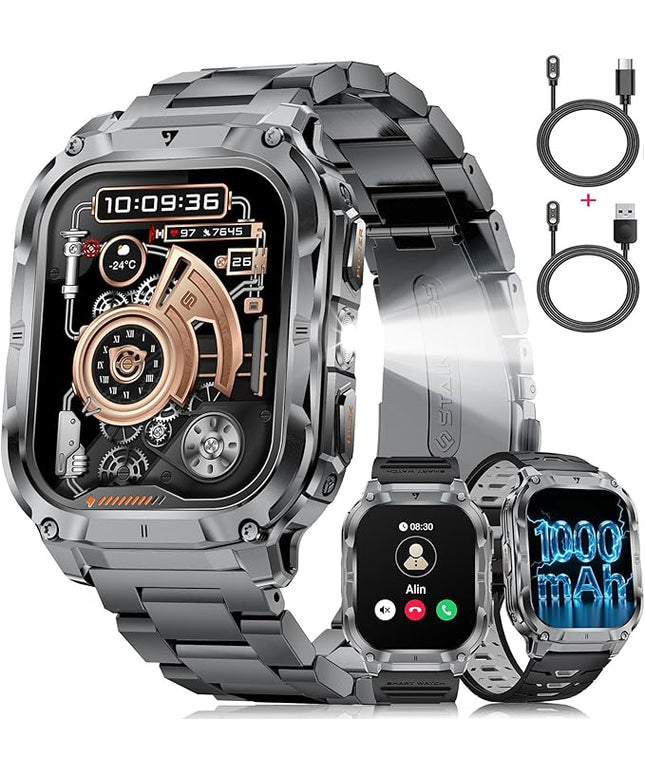 Military Smart Watch for Men(3 Bands),1000mAh/2 HD Large Screen Smartwatch, Flashlight/110+ Sports Modes, Fitness Tracker Watch for Android iOS,Light Black