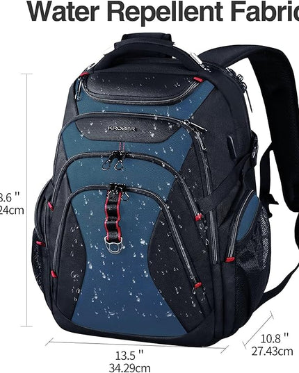 KROSER Travel Laptop Backpack 17.3 Inch XL Computer Backpack with Hard Shell Saferoom RFID Pockets Water-Repellent Business College Daypack Stylish Bag for Men/Women-Black Haze Blue