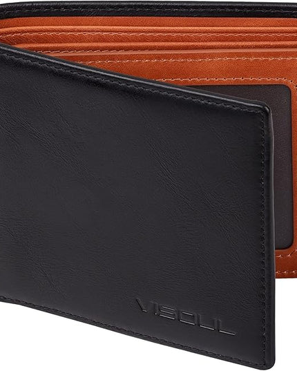 VISOUL Mens Bifold Wallet with 2 ID Windows and 2 Money Compartments, Genuine Leather Designer Wallet with RFID Blocking, Stylish Two-tone Back Wallet for Men (Black and Orange)