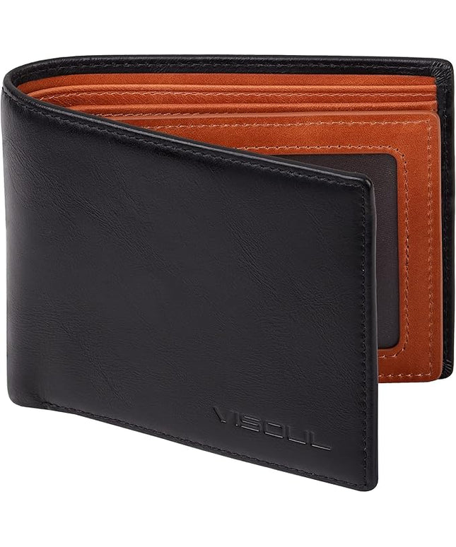 VISOUL Mens Bifold Wallet with 2 ID Windows and 2 Money Compartments, Genuine Leather Designer Wallet with RFID Blocking, Stylish Two-tone Back Wallet for Men (Black and Orange)