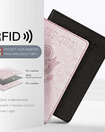 VIDIVICI 2 Pack Passport & Vaccine Card Holder - Pink&Black RFID Blocking Travel Must Have