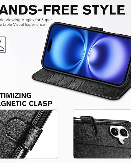 TUCCH Wallet Case for iPhone 16, Kickstand [RFID Blocking] 4 Card Slots [Protective TPU Interior Case], PU Leather Magnetic Shockproof Flip Cover Compatible with iPhone 16, Textured Black