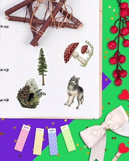 BulbaCraft 100Pcs Forest Stickers for Water Bottle and Laptop - Forest Party Supplies & Decorations, Waterproof Vinyl Decals, Nature and Tree Stickers, Gifts for Women & Men