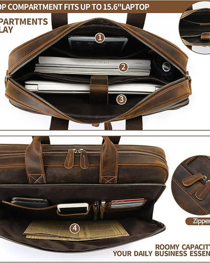 Jack&Chris Full Grain Leather Briefcase for Men, Business Messenger Bag Laptop Bag Attache Case, Fits 15.6 Inch Laptop