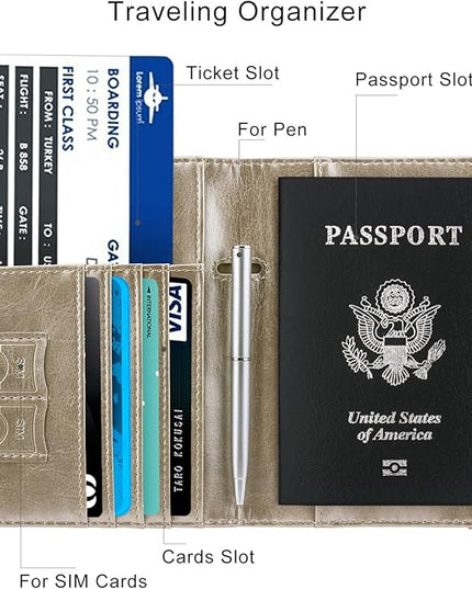 WALNEW Passport Holder for Travel, RFID Passport Cover Wallet for Women Men, PU Leather Passport Book Card Holder Case with Pen, Travelling Essentials for Flying