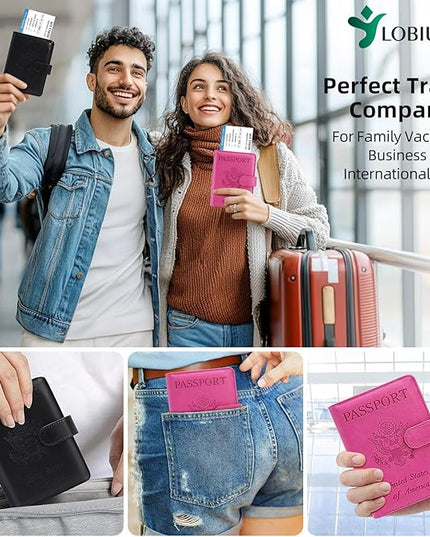 2 Pack Passport Holder For Travel with Luggage Tag Cover – RFID Blocking Passport Wallet Holder for Travel Women/Men | PU Leather Passport Case with Money Pocket, Black/Pink