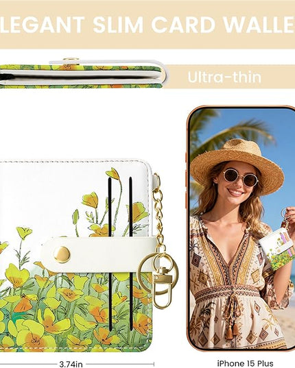 Sodsay Small Slim Wallet Women RFID Blocking, PU Leather Bifold Ladies Wallet with Zipper Coin Pocket, Thin Cute Travel Card Wallets for Girls, Golden Sunrise