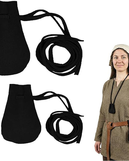 Mythrojan Small Trinket Pouches Set of 2, Suede Leather Drawstring Coin & Dice Bags for LARP, SCA, Viking & Medieval Events Color : Black