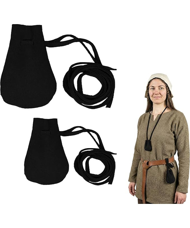 Mythrojan Small Trinket Pouches Set of 2, Suede Leather Drawstring Coin & Dice Bags for LARP, SCA, Viking & Medieval Events Color : Black