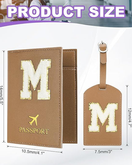 PATIKIL Passport Holder for Travel, Initial Passport Cover and Luggage Tag Set with Alphabet Chenille Letter Patch Travel Wallet Bag Suitcase Identifier for Women Family Travel Brown M