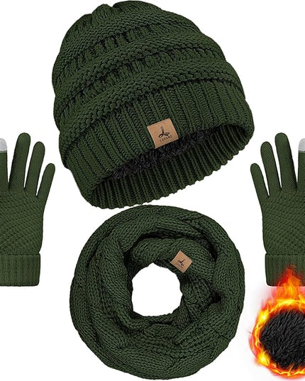 Winter Beanie Hat Scarf Gloves, Warm Fleece Knit Hats Touch Screen Gloves Neck Scarf Set Winter Gifts for Unisex Adult