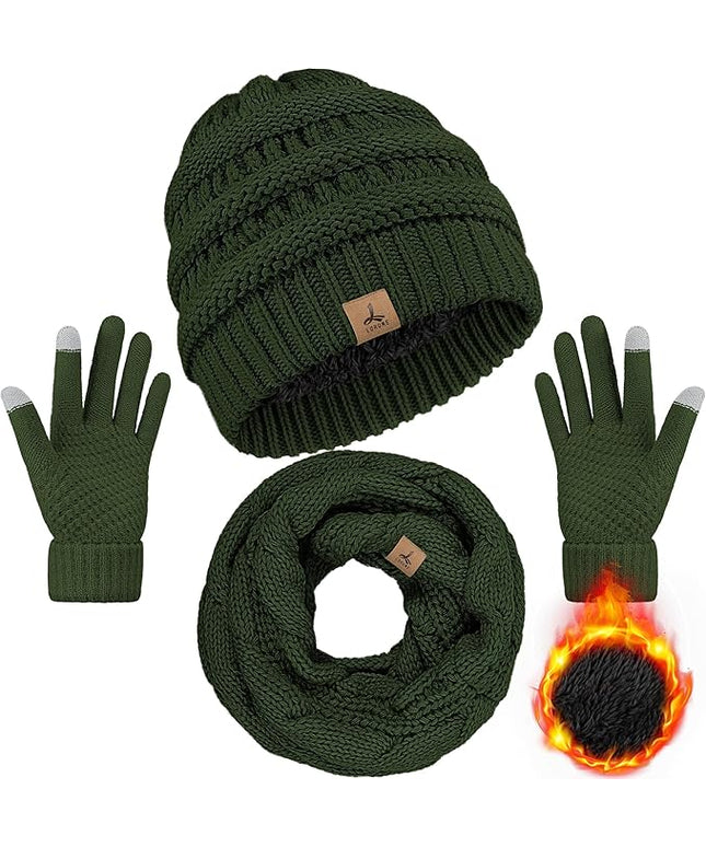 Winter Beanie Hat Scarf Gloves, Warm Fleece Knit Hats Touch Screen Gloves Neck Scarf Set Winter Gifts for Unisex Adult