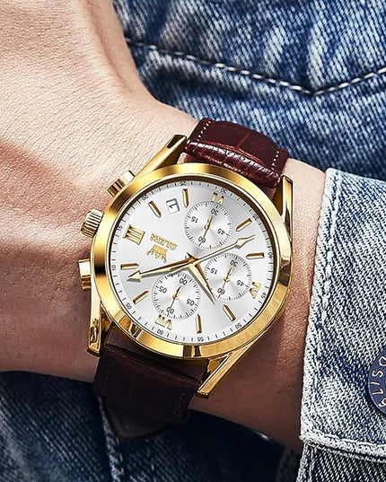 OLEVS Men's Chronograph Leather Watch, Big Face Easy to Read Analog Quartz Dress Watch, Casual Waterproof Luminous Hands Date Watches for Men, White/Blue/Black/Gold Dial