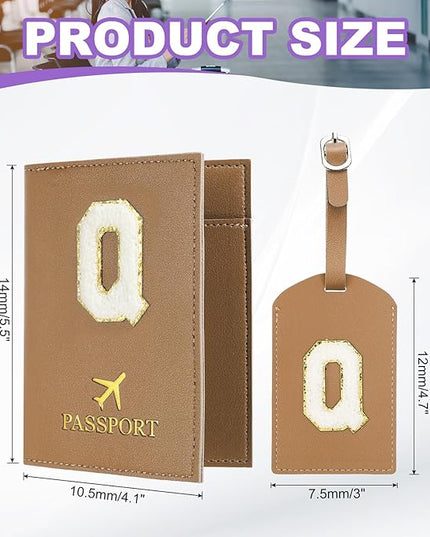 PATIKIL Passport Holder for Travel, Initial Passport Cover and Luggage Tag Set with Alphabet Chenille Letter Patch Travel Wallet Bag Suitcase Identifier for Women Family Travel Brown Q