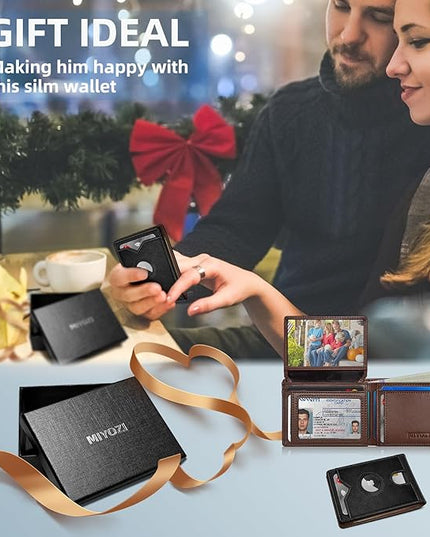 miyozi Airtag Wallet for Men,with Cash Pocket 2 ID Window 13 Cards,Slim Leather Wallet Front Pocket Card Holder RFID Blocking with Gift Box