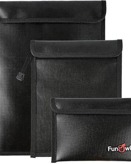 FunOwlet Fireproof Waterproof Document Bag – 3 Pack Fire and Water Resistant Zipper Storage Organizer & Money Safe Pouch Set for Important Papers, Cash, Passports, Jewelry & Electronics (Black)