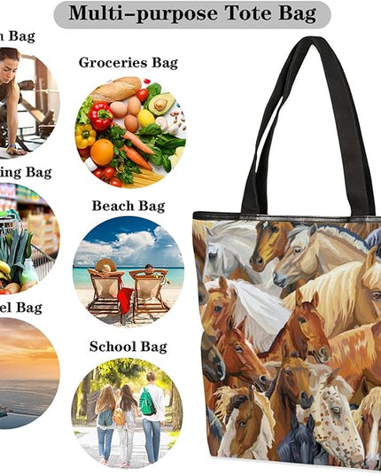Pardick Watercolor Horse Print Canvas Tote Bag, Eco Friendly Reusable Grocery Shopping Bags Beach Bag Book Tote Handbags Washable Shoulder Bag With Zipper Inner Pocket for Women Girls