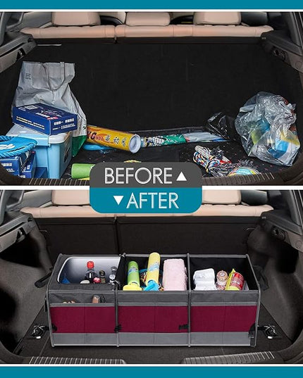 Trunk Organizer with Cooler, Collapsible Trunk Storage Container with Non Slip Bottom Strips, Large Multi-Compartment Waterproof Car Trunk Organizer Groceries for Vehicle Sedan, SUV, Van(Wine Red)