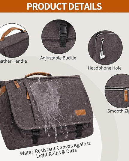 ESTARER Computer Messenger Bag 15-15.6 inch, Water-resistant Canvas Work Bag Briefcase, Laptop ShoulderSatchel with Buckles, Grey