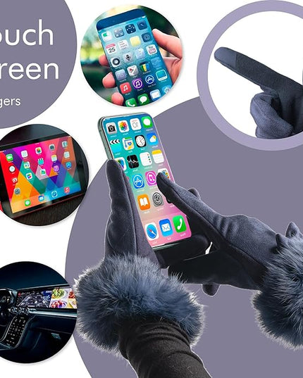 Vagasi Women Touch Screen Gloves, Fleece Lined Winter Gloves for Ladies, Thermal Suede Gloves Fur Cuff for Girls Gifts