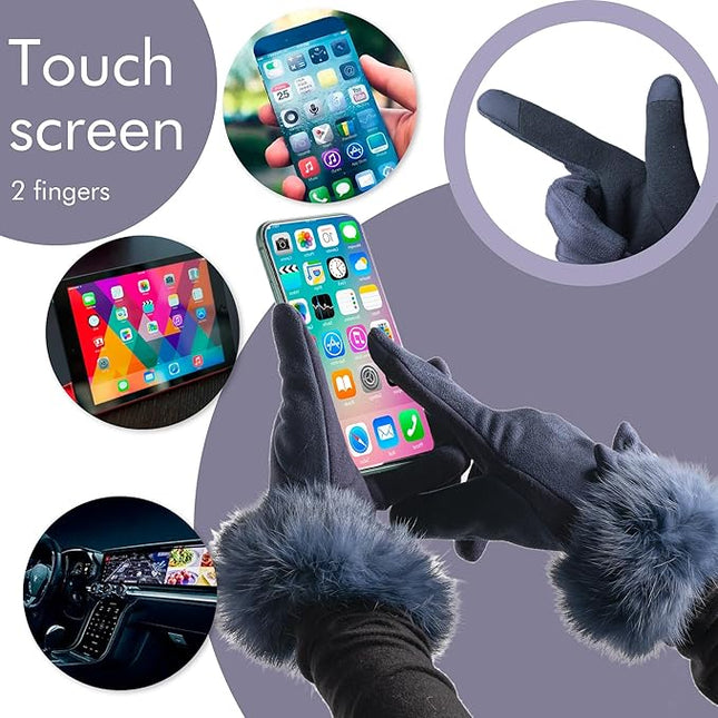 Vagasi Women Touch Screen Gloves, Fleece Lined Winter Gloves for Ladies, Thermal Suede Gloves Fur Cuff for Girls Gifts