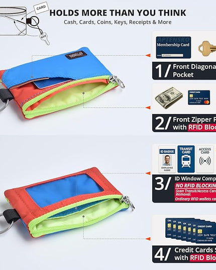 RFID Travel Wallet with Adjustable Lanyard-Zipper Small Wallet with ID Card Holder, Keychain for women&men-Minimalist Slim Waterproof Nylon case for ID, Cash, Key (SkyBlue+BlazingOrange)