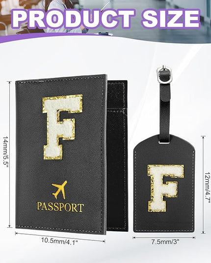 PATIKIL Passport Holder for Travel, Initial Passport Cover and Luggage Tag Set with Alphabet Chenille Letter Patch Travel Wallet Bag Suitcase Identifier for Women Family Travel Black F