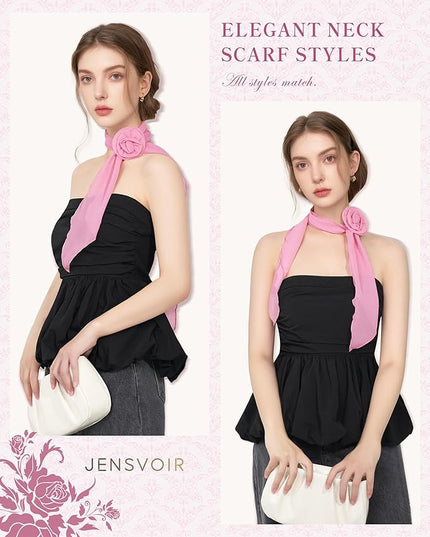 Chiffon Scarf for Women, Removable Flower Neck Scarf Light Soft Fashion Rose Scarves Versatile Headband or Hair Band