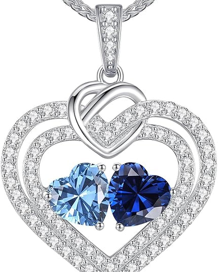 LOUISA SECRET Sparkling Double Heart Birthstone Necklaces for Women, 925 Sterling Silver Fine Jewelry, Pendant Heart Necklaces Birthday Anniversary Christmas Gift for Women Wife Mom Girlfriend Lady