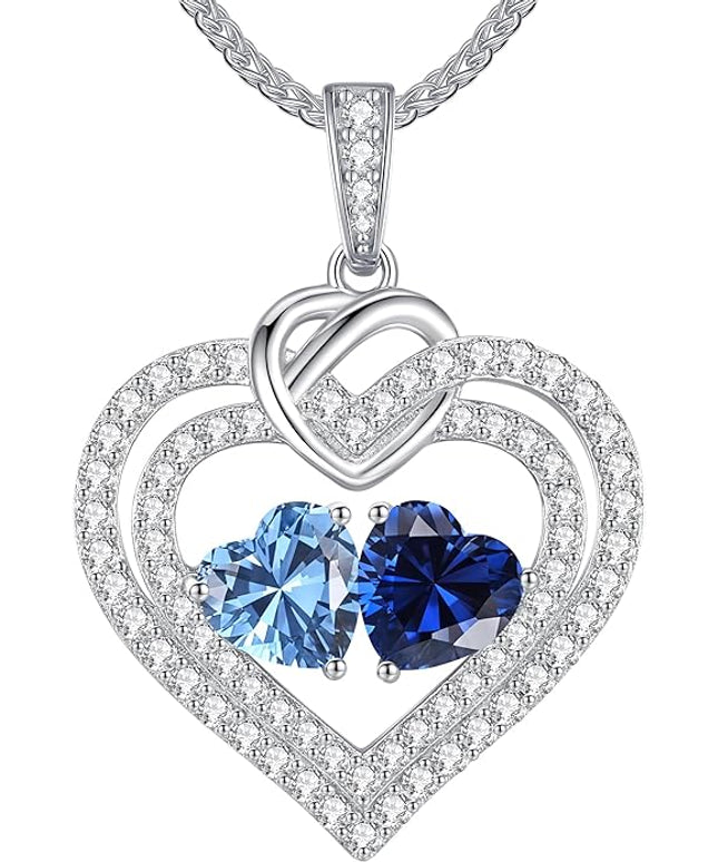 LOUISA SECRET Sparkling Double Heart Birthstone Necklaces for Women, 925 Sterling Silver Fine Jewelry, Pendant Heart Necklaces Birthday Anniversary Christmas Gift for Women Wife Mom Girlfriend Lady