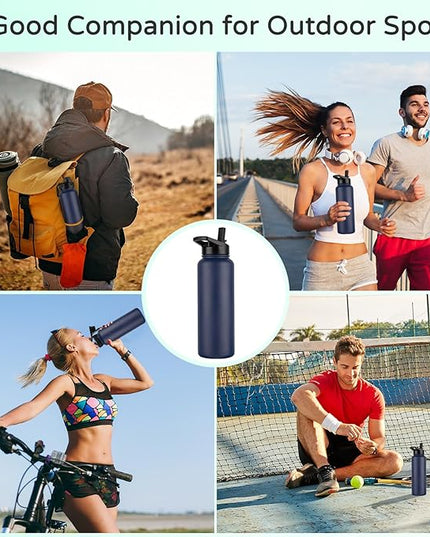 DOMICARE 40 oz Insulated Water Bottle, Vacuum Insulated Stainless Steel Sports Water Bottle with Straw Lid & Spout Lid, Leakproof, Reusable - Travel, Camping, Bike, Navy Blue