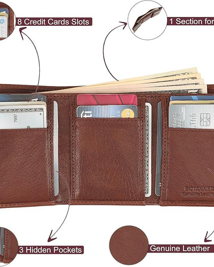 BOTANNER Genuine Leather Trifold Wallet Men RFID Blocking 8 Credit Card Slots 1 Section for Bills 3 Hidden Pockets | Choco