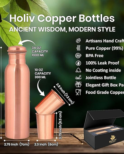 Pure Copper Water Bottle and 2 Tumbler Set - 34oz Smooth Vessel with 10oz Cups - Artisan Handcrafted Drinkware Kit - Sustainable Gift Box