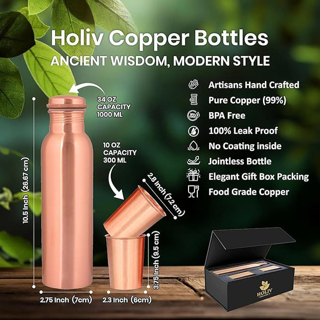 Pure Copper Water Bottle and 2 Tumbler Set - 34oz Smooth Vessel with 10oz Cups - Artisan Handcrafted Drinkware Kit - Sustainable Gift Box