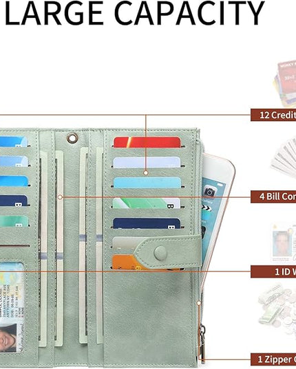 SENDEFN Wallet for Women RFID Blocking Leather Clutch Long Purse Large Capacity Credit Card Holder Wristlet