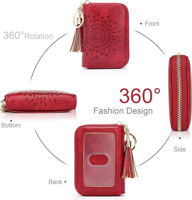 APHISON RFID Credit Card Holder Zipper Card Case Keychain Small Wallet for Women 1927 RED