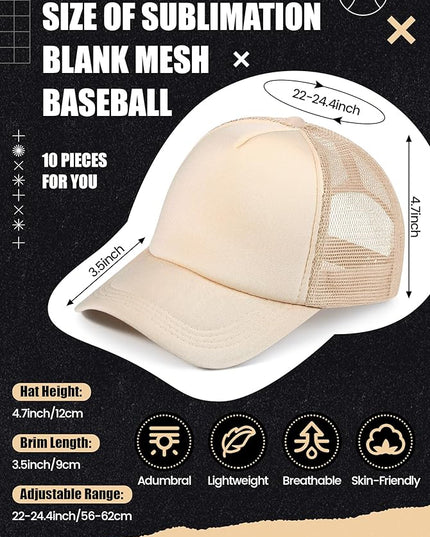 10 Pcs Sublimation Blank Trucker Hats Bulk Mesh Baseball Cap Polyester Mesh Trucker Hat for Men and Women
