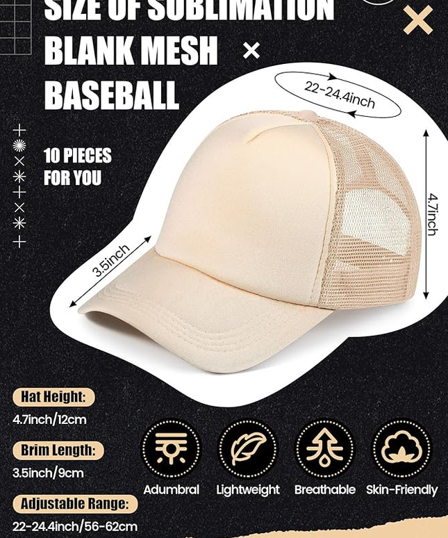 10 Pcs Sublimation Blank Trucker Hats Bulk Mesh Baseball Cap Polyester Mesh Trucker Hat for Men and Women