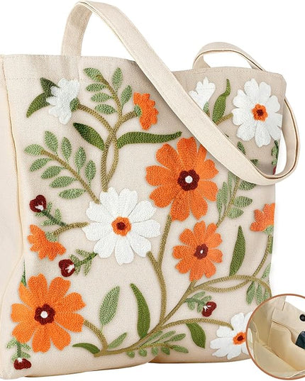 Embroidery Canvas Tote Bag for Women - Reusable Totes with Pocket & Buckle Aesthetic Cute Grocery Shoulder Bag