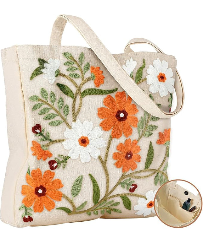 Embroidery Canvas Tote Bag for Women - Reusable Totes with Pocket & Buckle Aesthetic Cute Grocery Shoulder Bag