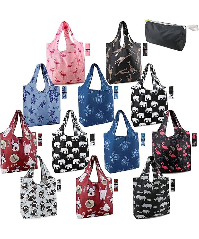 BeeGreen Animal Reusable Grocery Bags Bulk 12 Packs X-Large50LBS, Reusable Shopping Bags Foldable for Groceries, Vegetables, Fruits Watertight Bulk Tote Bags Washable For Women Men