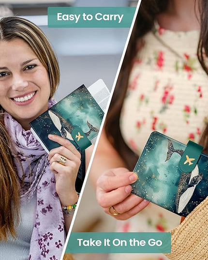 Passport Holder for Travel Essentials, RFID Blocking Leather Cover Wallet with Magnetic Closure, Aesthetic & Cute Passport Book Case for Women and Men - Whale, Upgraded with Money Pocket