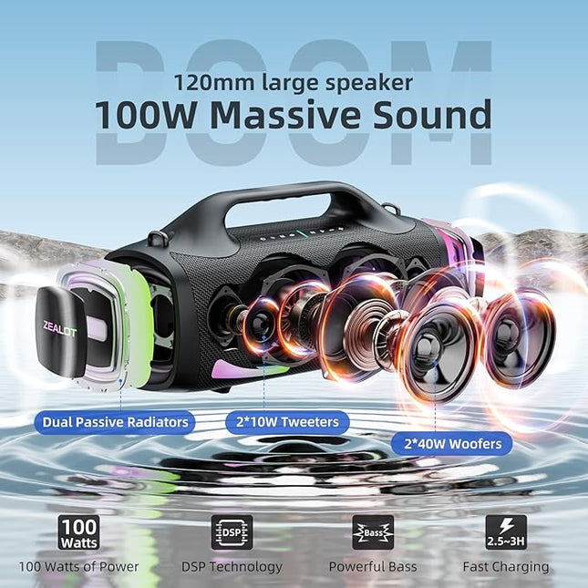 ZEALOT Bluetooth Speaker, 110W Peak(100W) Booming Sound Speakers Wireless, Dual Pairing, XBass, Bluetooth 5.3, 24000mAh Power Bank, Portable Outdoor Waterproof Speaker for Camping, Beach and Party