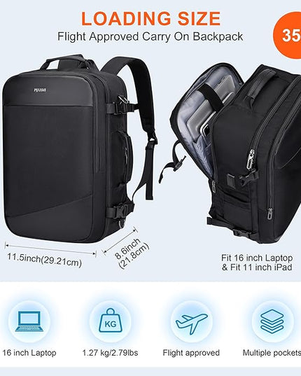 PIJUSHI Travel Backpack for Women Men Carry on Suitcase Backpack Flight Approved Personal Item Bag Fits 16 Inch Laptop(PE035 Black)