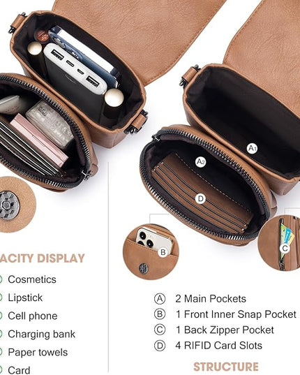 POIUGOYA Small Crossbody Bags for Women Trendy,Leather Triple Compartment Cell Phone Crossbody Wallet Purses with Card Slots