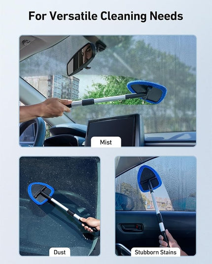 AstroAI Windshield Cleaning Tool, Car Window Cleaner Windshield Cleaner with 8 Reusable and Washable Microfiber Pads and Extendable Handle Auto Inside Glass Wiper Kit, Blue, 2 Pack